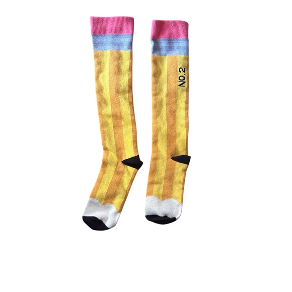Accessories - Novelty Pencil Knee High Socks Women Yellow Blue Pink No 2 Fun School